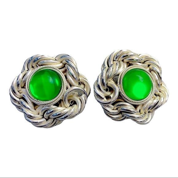 Vintage Laura Vogel silver twist green dome glass round clip earrings - Picture 1 of 7